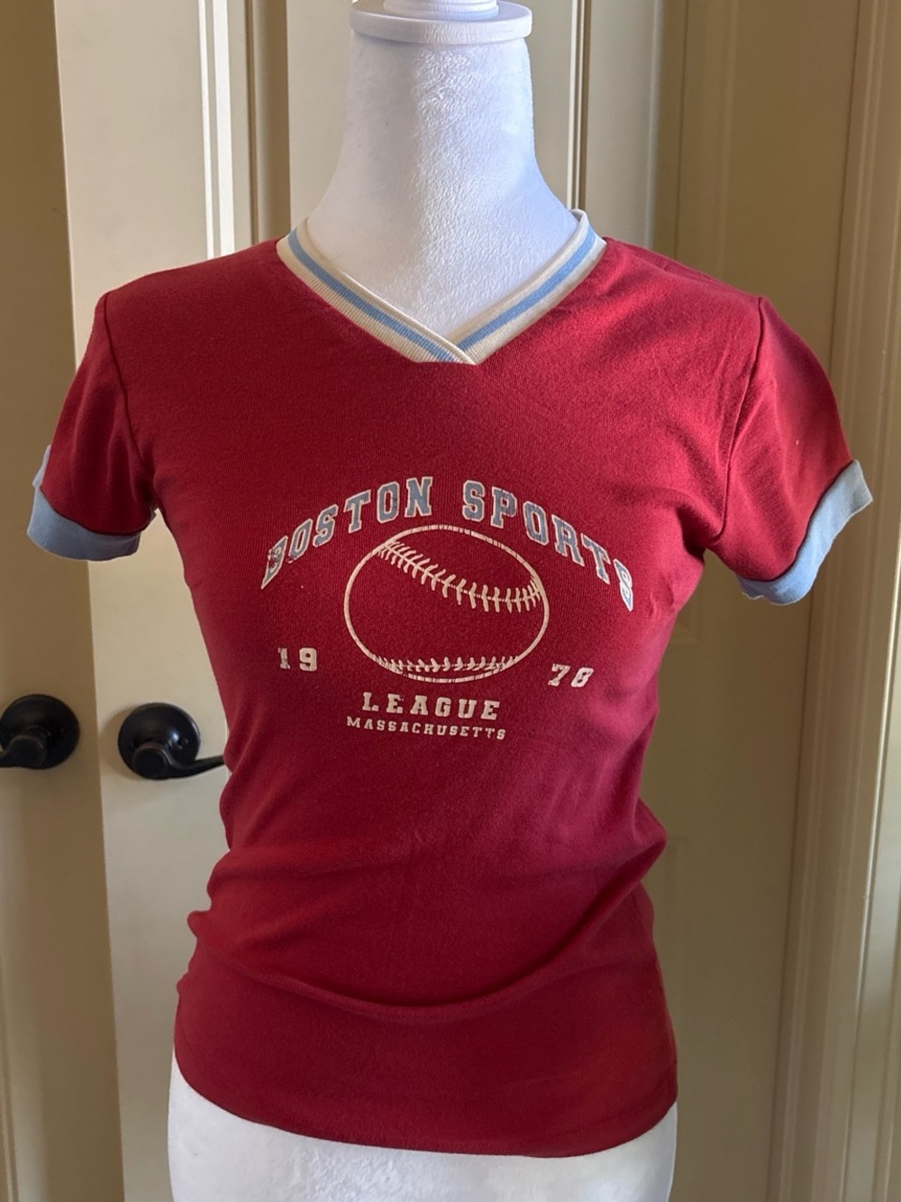 Urban Outfitters Red V-Neck Baseball Tee with Light Blue Trim